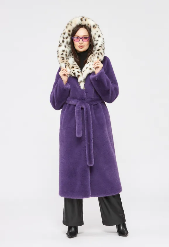 Фото Шуба из эко норки сирень с капюшоном из эко рыси - 2