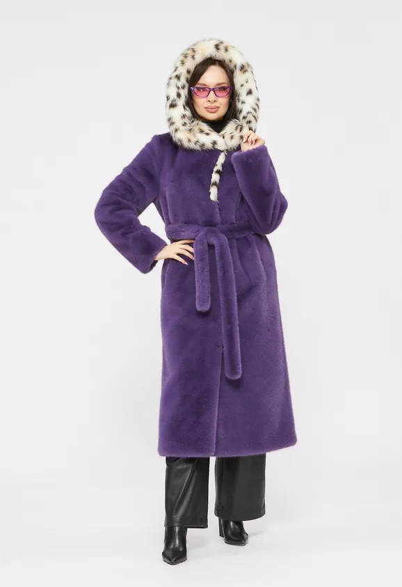 Фото Шуба из эко норки сирень с капюшоном из эко рыси - 5