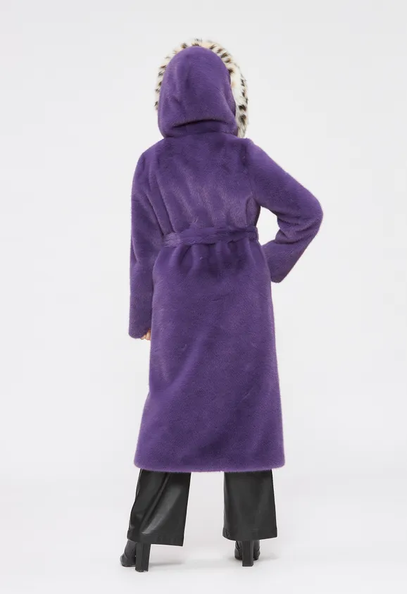 Фото Шуба из эко норки сирень с капюшоном из эко рыси - 4