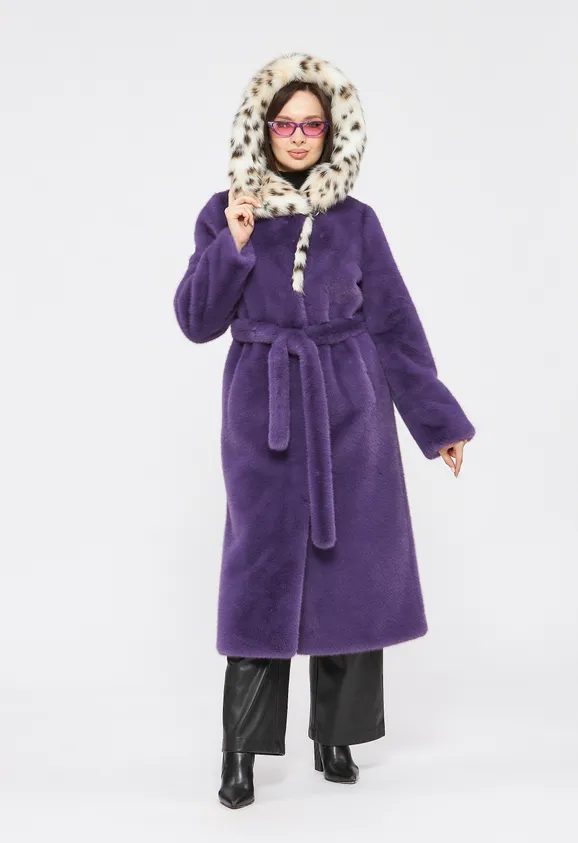 Фото Шуба из эко норки сирень с капюшоном из эко рыси - 8