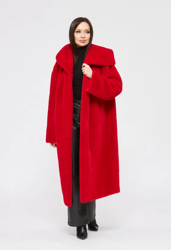 Фото Шуба из эко норки красная с капюшоном - 7