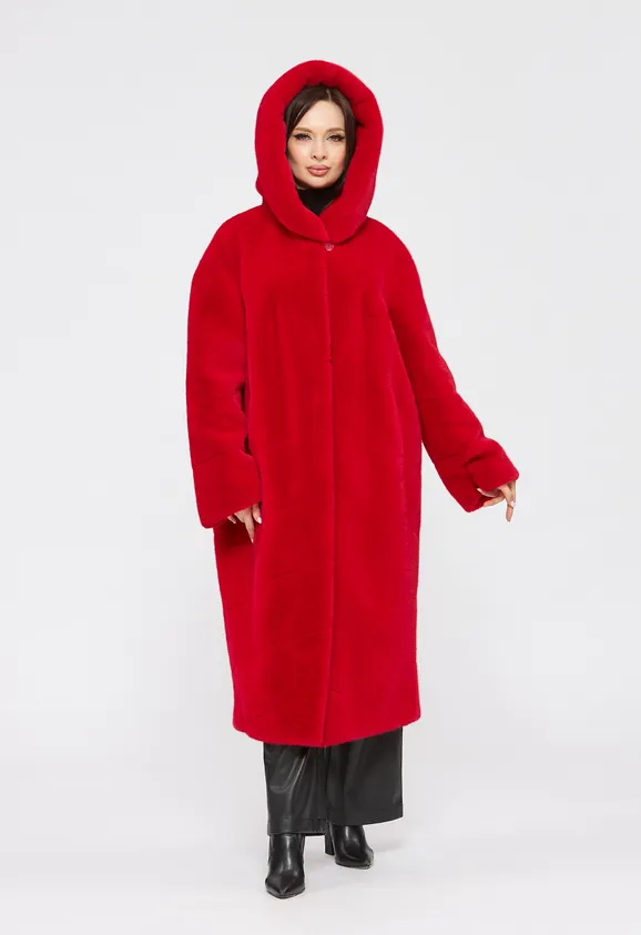 Фото Шуба из эко норки красная с капюшоном - 8