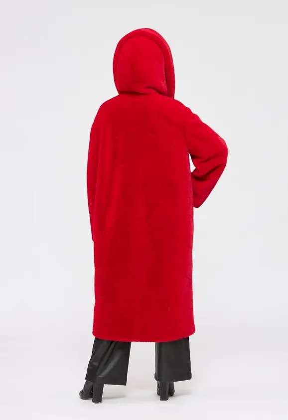 Фото Шуба из эко норки красная с капюшоном - 5