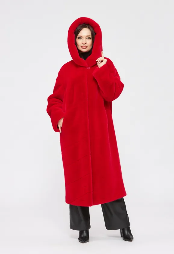 Фото Шуба из эко норки красная с капюшоном - 2