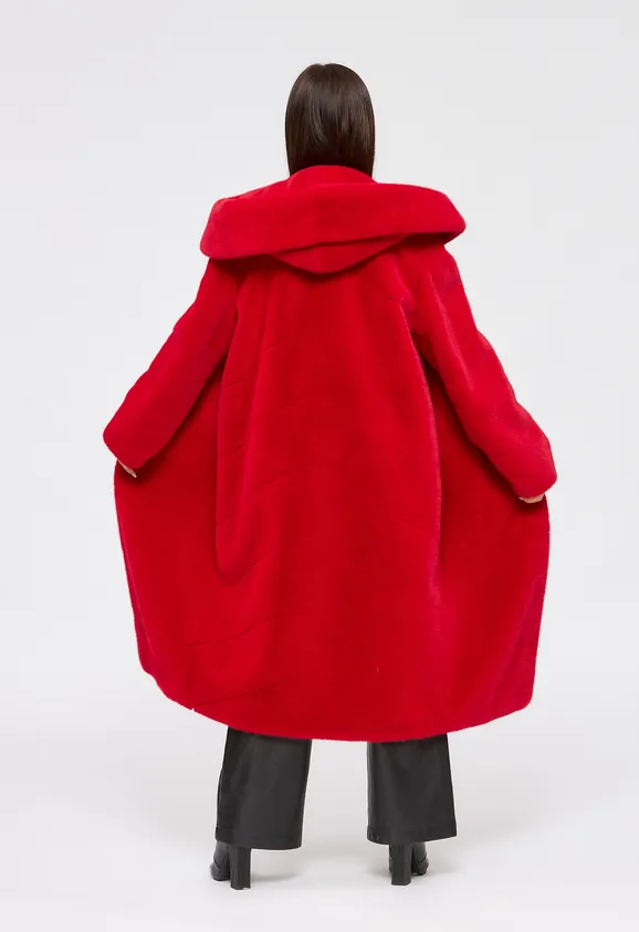 Фото Шуба из эко норки красная с капюшоном - 4