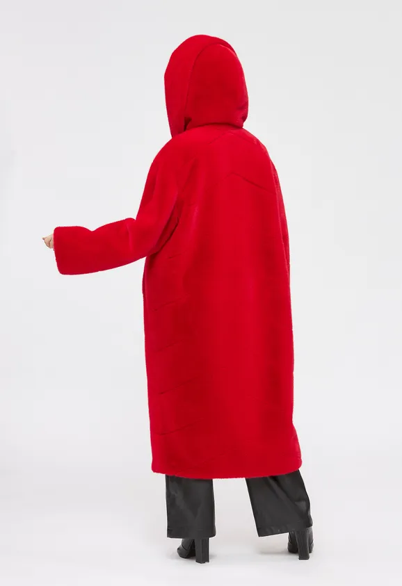 Фото Шуба из эко норки красная с капюшоном - 9