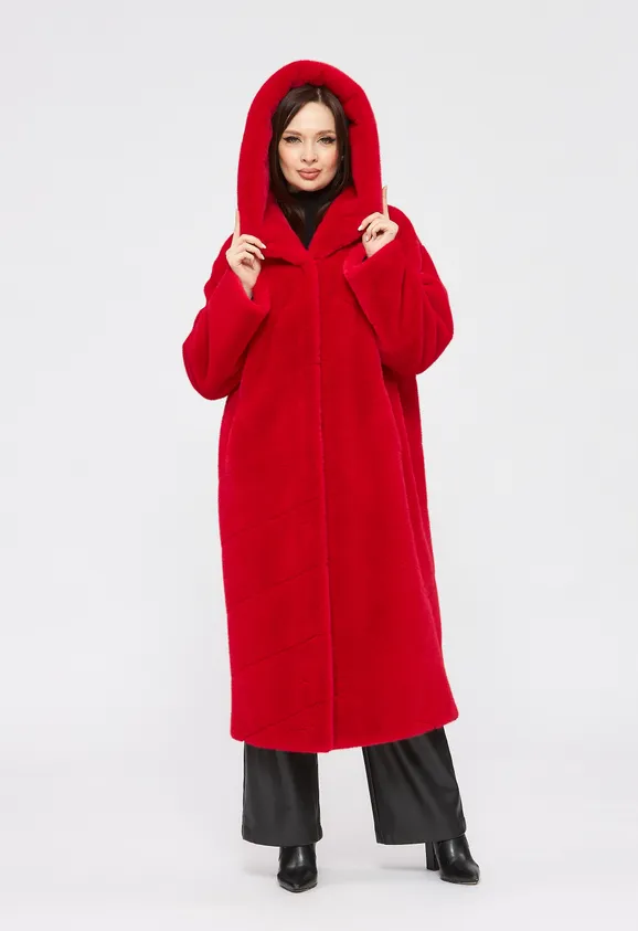 Фото Шуба из эко норки красная с капюшоном - 3