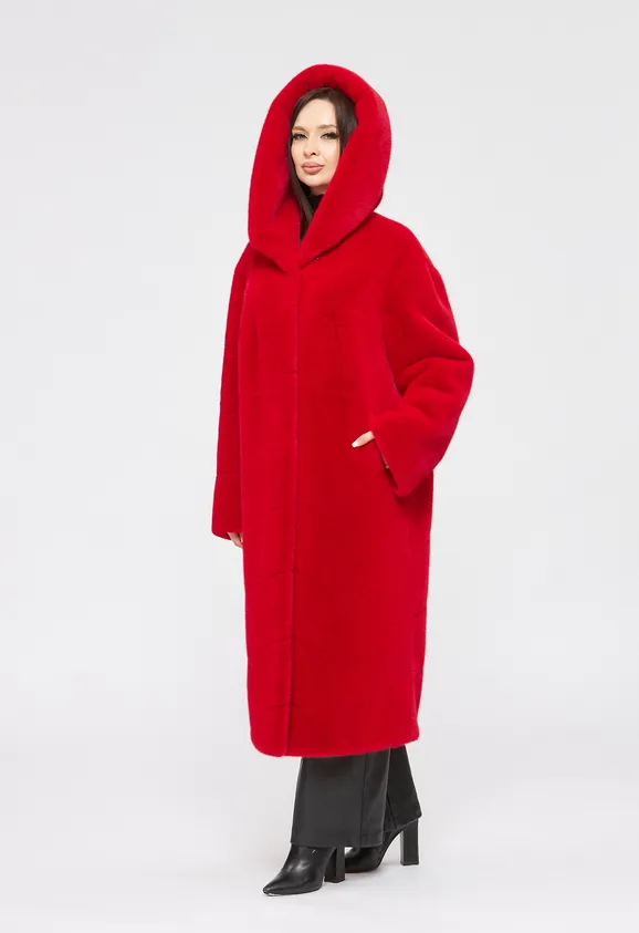 Фото Шуба из эко норки красная с капюшоном - 1