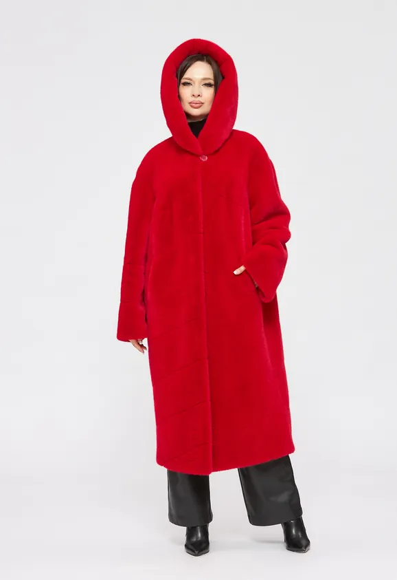 Фото Шуба из эко норки красная с капюшоном - 6