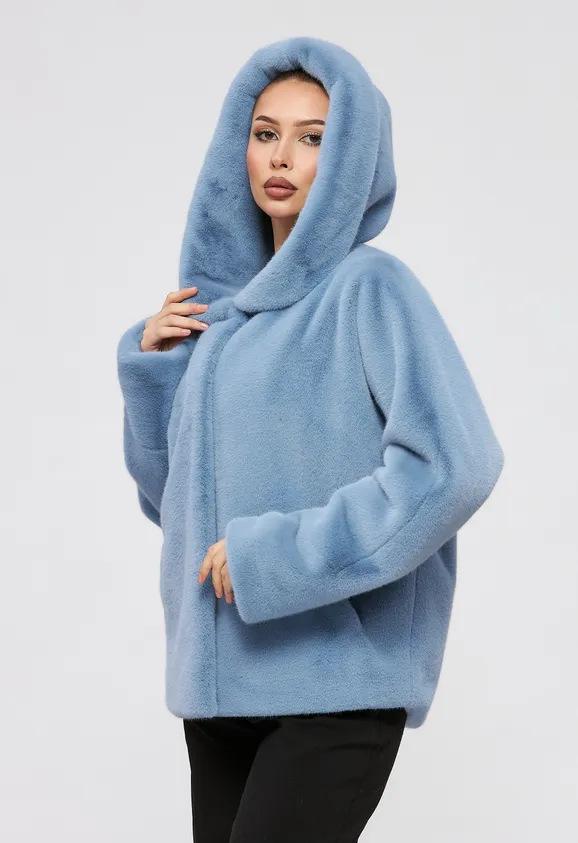 Фото Шуба из эко норки голубая с капюшоном - 1