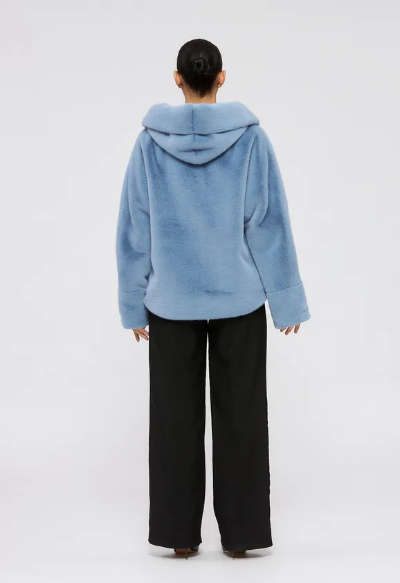 Фото Шуба из эко норки голубая с капюшоном - 8