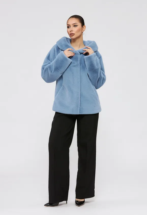 Фото Шуба из эко норки голубая с капюшоном - 5