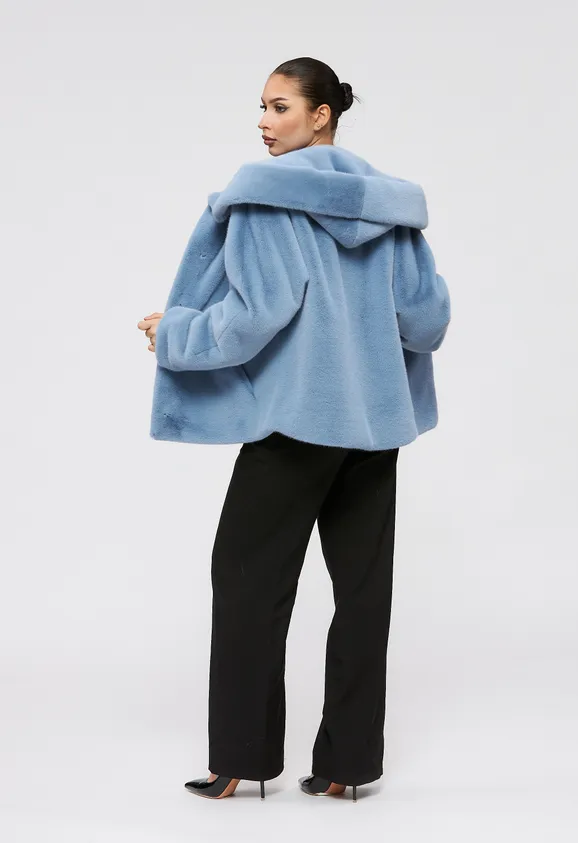 Фото Шуба из эко норки голубая с капюшоном - 9