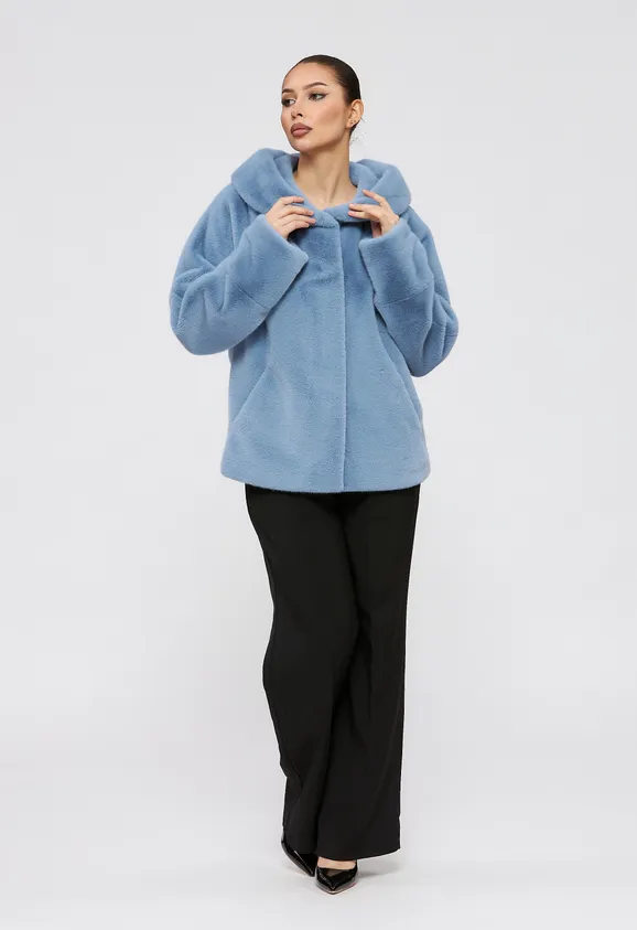 Фото Шуба из эко норки голубая с капюшоном - 2