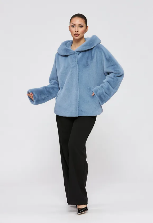 Фото Шуба из эко норки голубая с капюшоном - 4