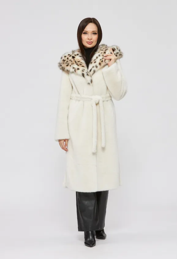 Фото Шуба из эко норки белая с капюшоном из эко рыси - 5