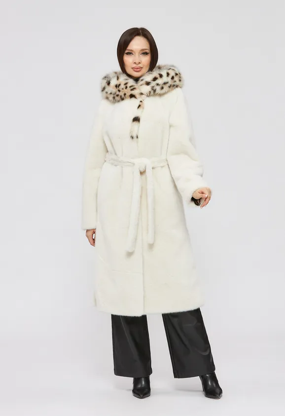 Фото Шуба из эко норки белая с капюшоном из эко рыси - 2