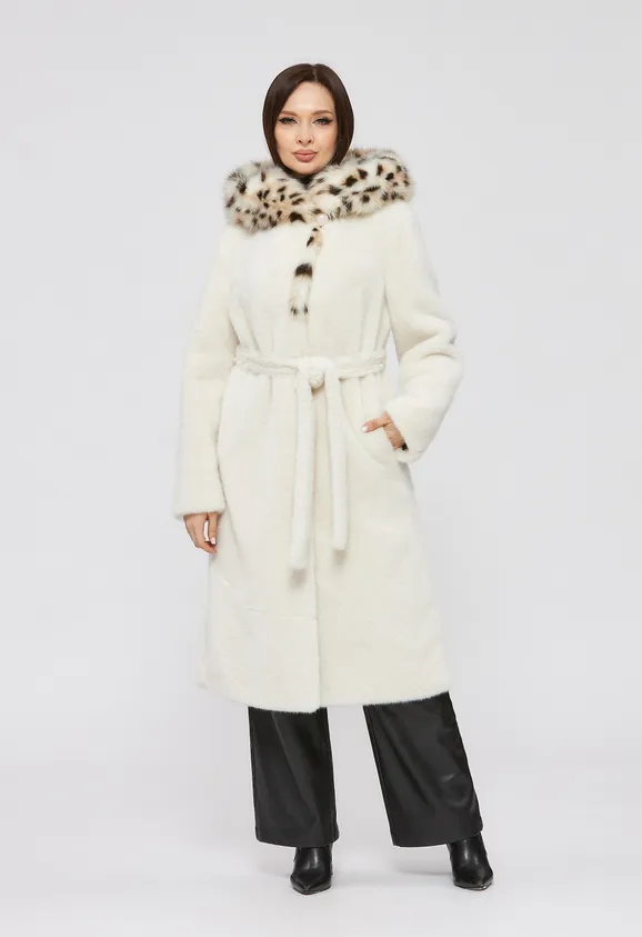 Фото Шуба из эко норки белая с капюшоном из эко рыси - 6