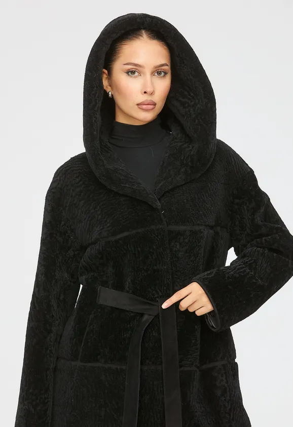 Фото Шуба из натурального астрагана черная с капюшоном - 6