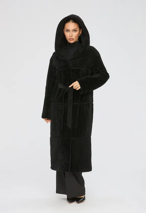 Фото Шуба из натурального астрагана черная с капюшоном - 1