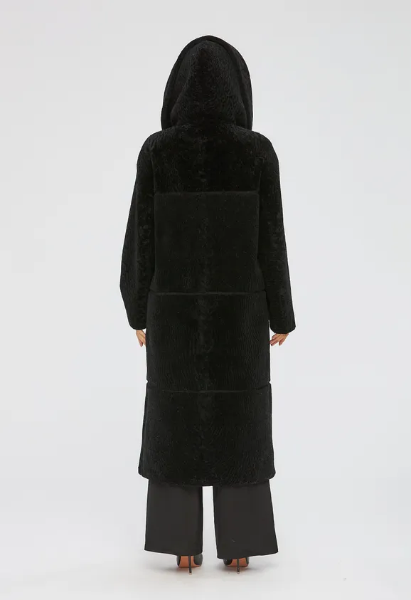 Фото Шуба из натурального астрагана черная с капюшоном - 7