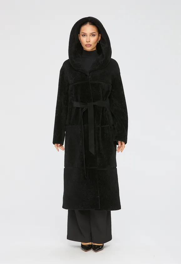Фото Шуба из натурального астрагана черная с капюшоном - 5