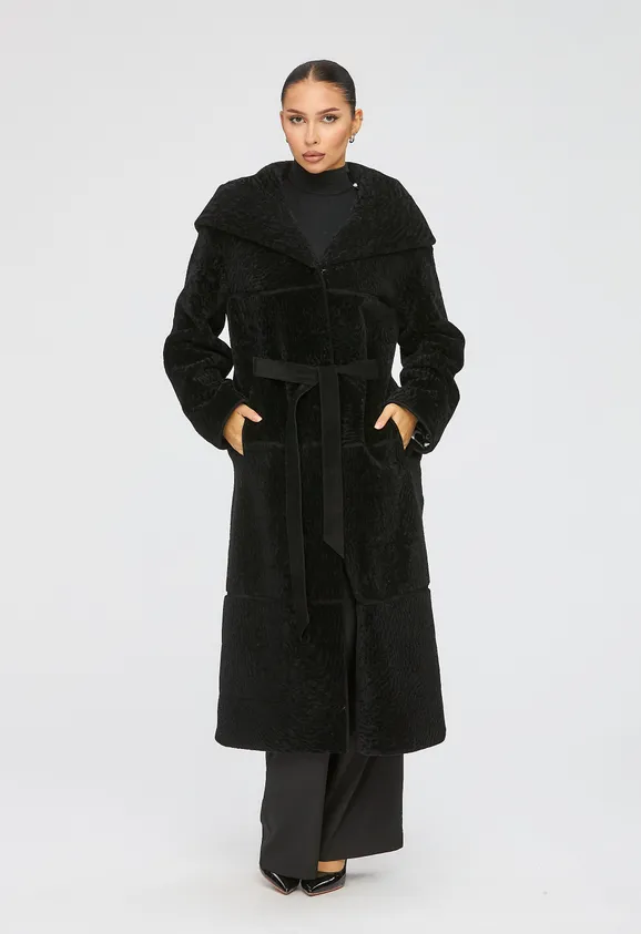 Фото Шуба из натурального астрагана черная с капюшоном - 3