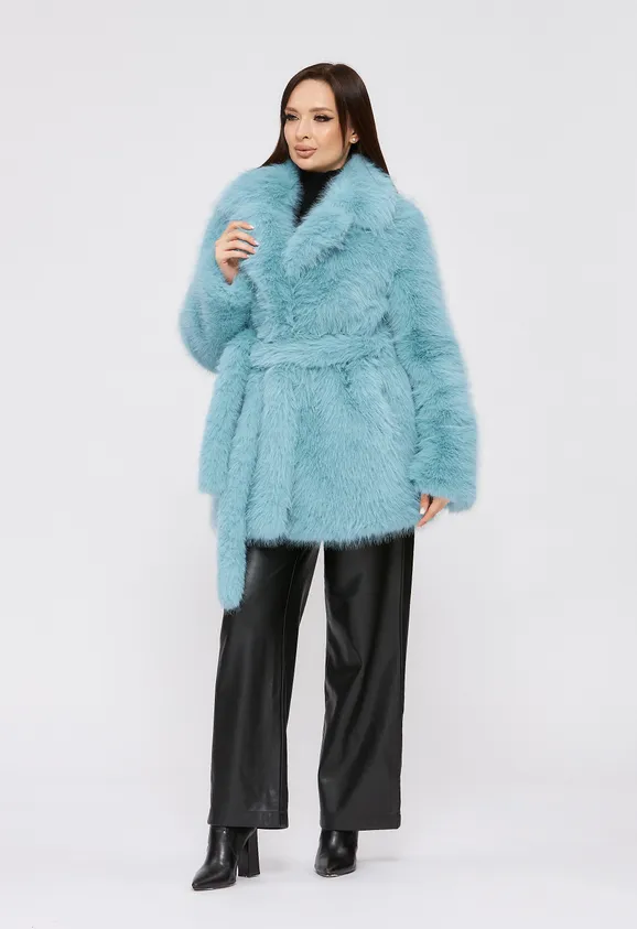 Фото Шуба из эко песца аквамарин с английским воротником - 2