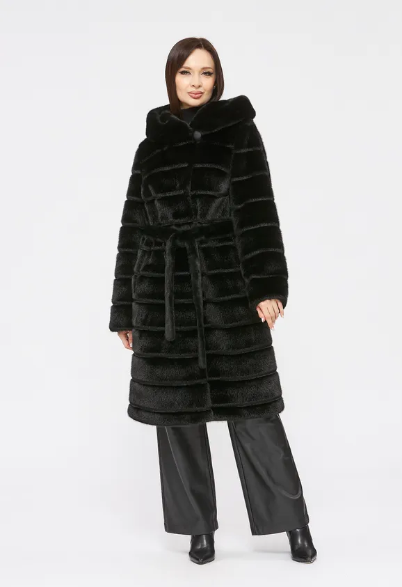 Фото Шуба из эко норки черная с капюшоном - 5