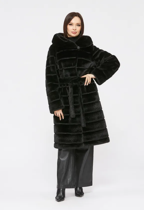Фото Шуба из эко норки черная с капюшоном - 3