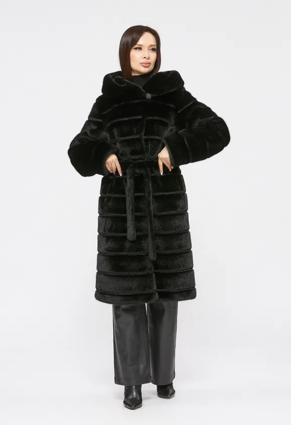 Фото Шуба из эко норки черная с капюшоном - 7