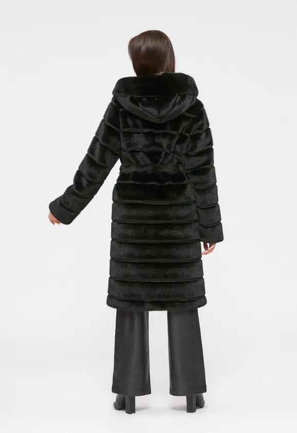 Фото Шуба из эко норки черная с капюшоном - 9