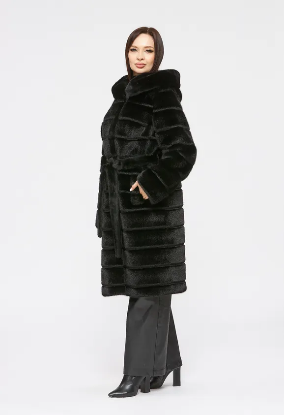 Фото Шуба из эко норки черная с капюшоном - 8