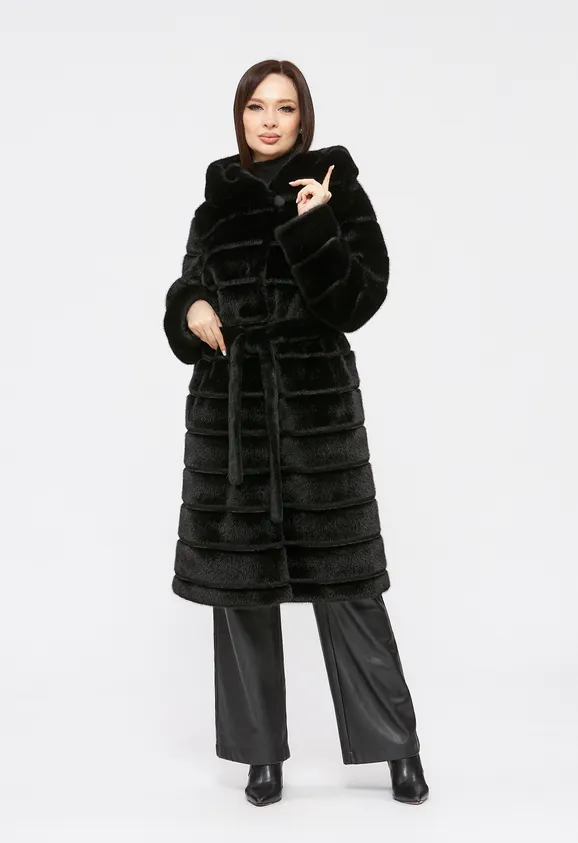 Фото Шуба из эко норки черная с капюшоном - 6