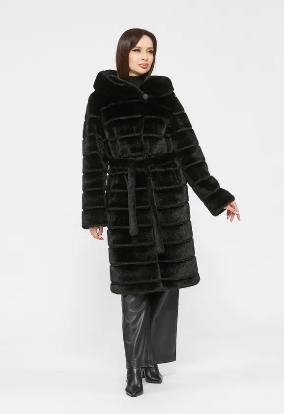 Фото Шуба из эко норки черная с капюшоном - 2