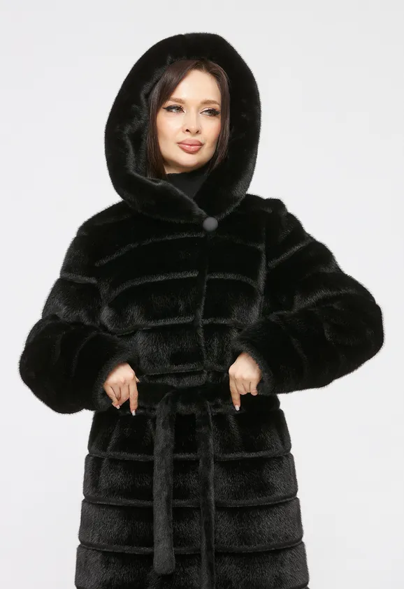 Фото Шуба из эко норки черная с капюшоном - 1