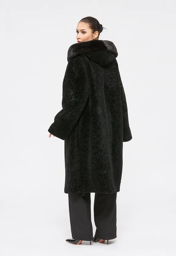 Фото Шуба из натурального астрагана черная с капюшоном из натуральной норки - 2