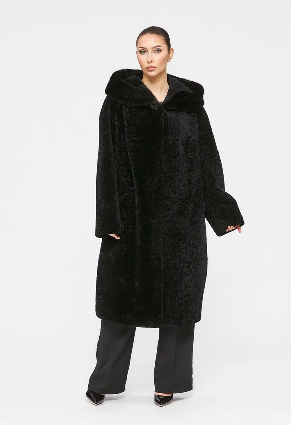 Фото Шуба из натурального астрагана черная с капюшоном из натуральной норки - 6