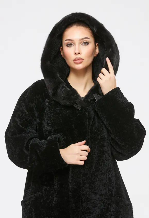 Фото Шуба из натурального астрагана черная с капюшоном из натуральной норки - 8