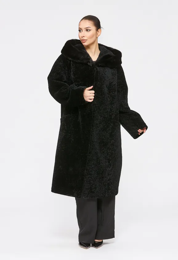 Фото Шуба из натурального астрагана черная с капюшоном из натуральной норки - 5