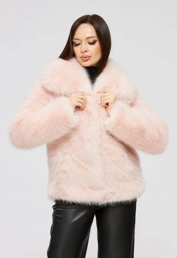 Фото Шуба из эко песца цвета пудра с воротником - 7