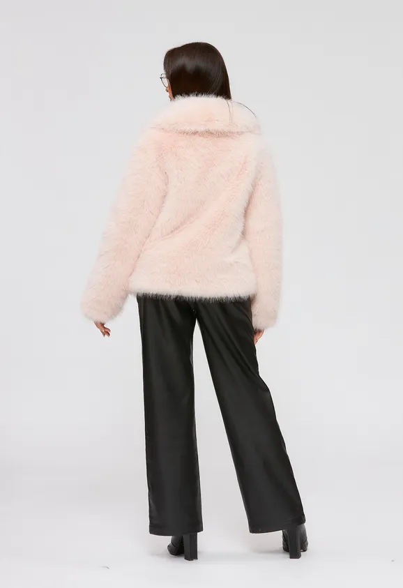 Фото Шуба из эко песца цвета пудра с воротником - 4