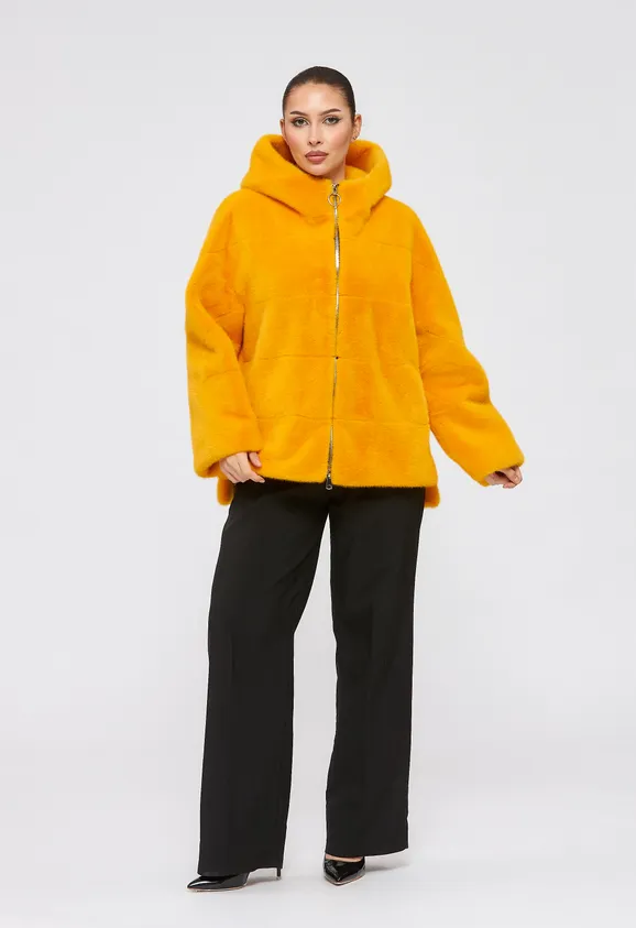 Фото Шуба из эко норки желтая с капюшоном - 1