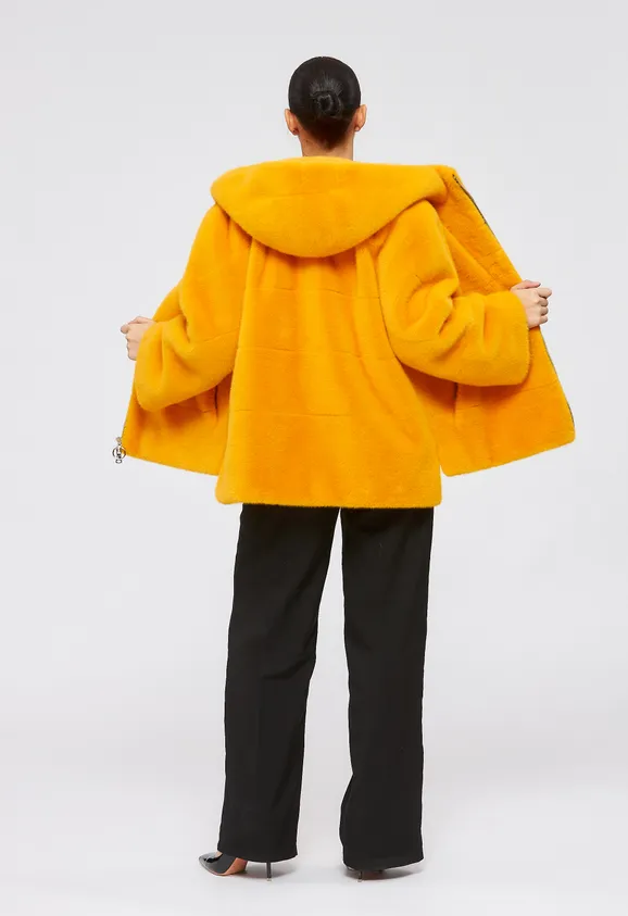 Фото Шуба из эко норки желтая с капюшоном - 5