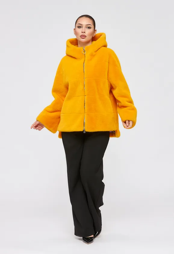 Фото Шуба из эко норки желтая с капюшоном - 2