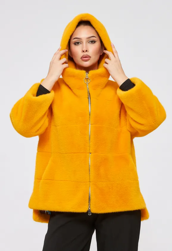 Фото Шуба из эко норки желтая с капюшоном - 4