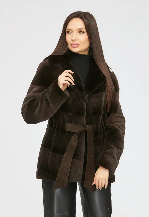 Фото Шуба из натуральной нутрии капучино с английским воротником из натуральной норки - 8