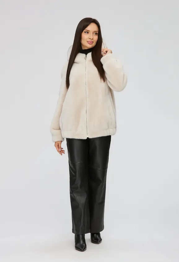 Фото Шуба-бомбер из эко норки жемчуг с капюшоном - 2