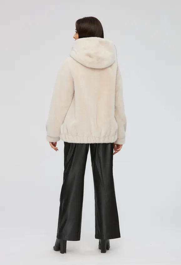 Фото Шуба-бомбер из эко норки жемчуг с капюшоном - 7