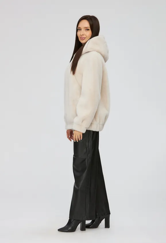 Фото Шуба-бомбер из эко норки жемчуг с капюшоном - 4